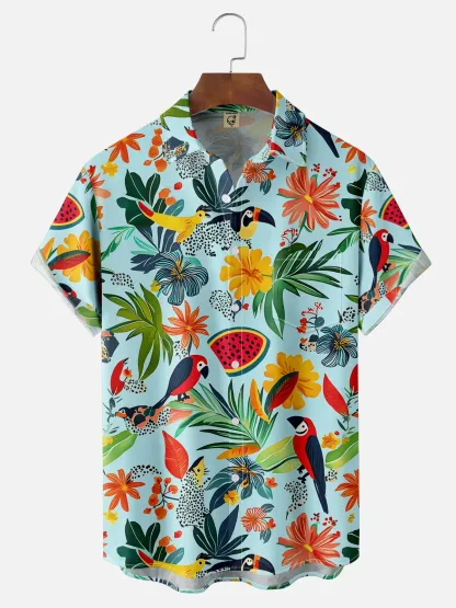 Moisture-wicking Tropical Palm Tree Parrot Floral Chest Pocket Hawaiian Shirt