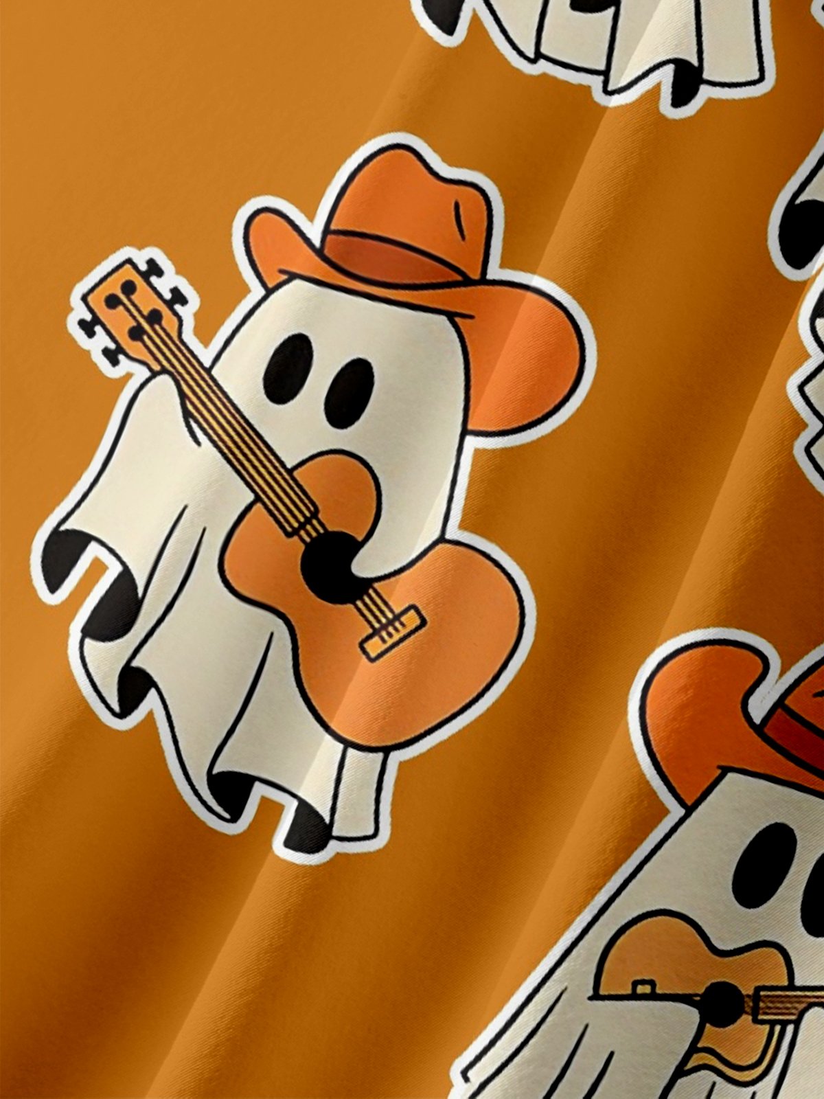 Moisture-Wicking Halloween Cowboy Ghost Guitar Cow Print Chest Pocket Hawaiian Shirt