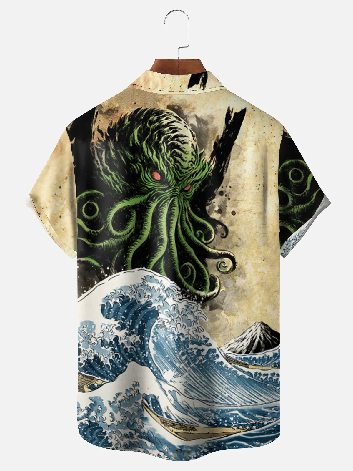 Moisture Wickin Japanese Ukiyo-e Cthulhu Octopus Chest Pocket Holiday Hawaiian Shirt