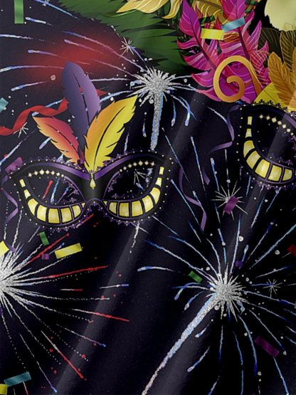 Mens Mardi Gras Carnival Masks Print Casual Breathable Short Sleeve Hawaiian Shirts