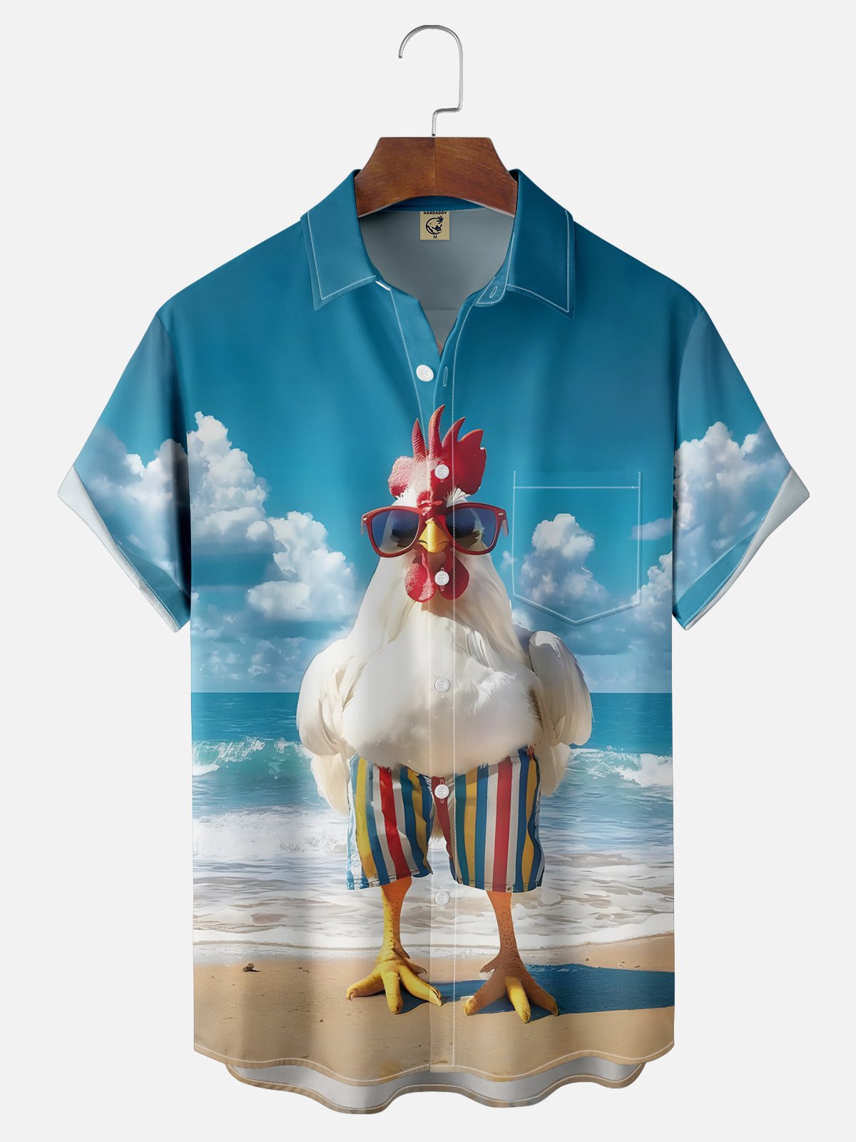 Moisture-wicking Chickens on Vacation Beach Chest Pocket Hawaiian Shirt