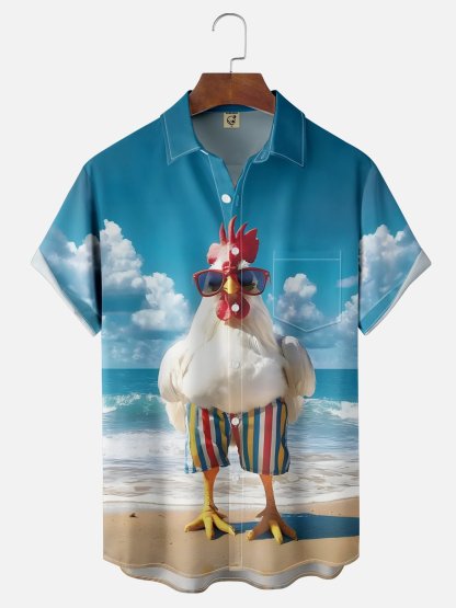 Moisture-wicking Chickens on Vacation Beach Chest Pocket Hawaiian Shirt