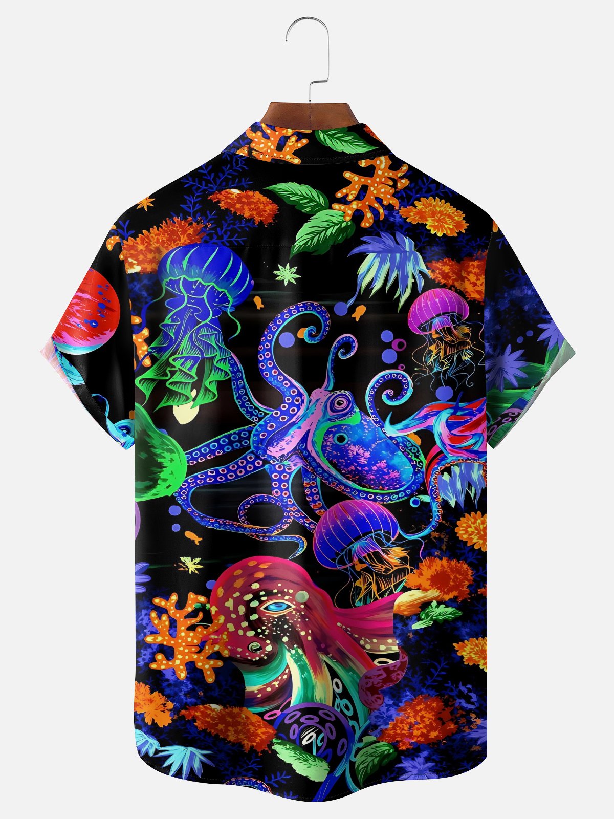 Moisture-Wicking "Ocean World" Octopus & Jellyfish Print  Chest Pocket Holiday Hawaiian Shirt