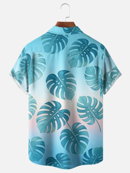 Moisture-Wicking Gradient Tropical Botanical & Palm Leaf  Chest Pocket Hawaiian Shirt