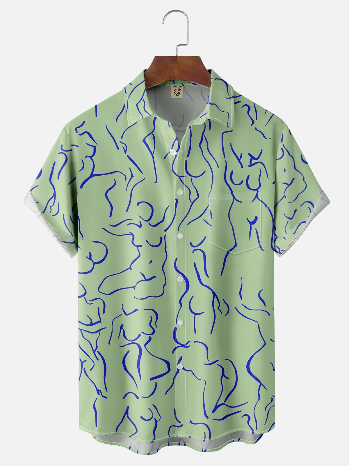 Moisture-wicking Art Blue Abstract Line Drawing Chest Pocket Hawaiian Titty Shirt
