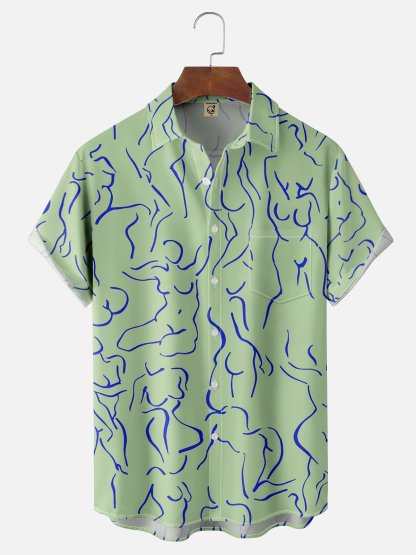 Moisture-wicking Art Blue Abstract Line Drawing Chest Pocket Hawaiian Titty Shirt