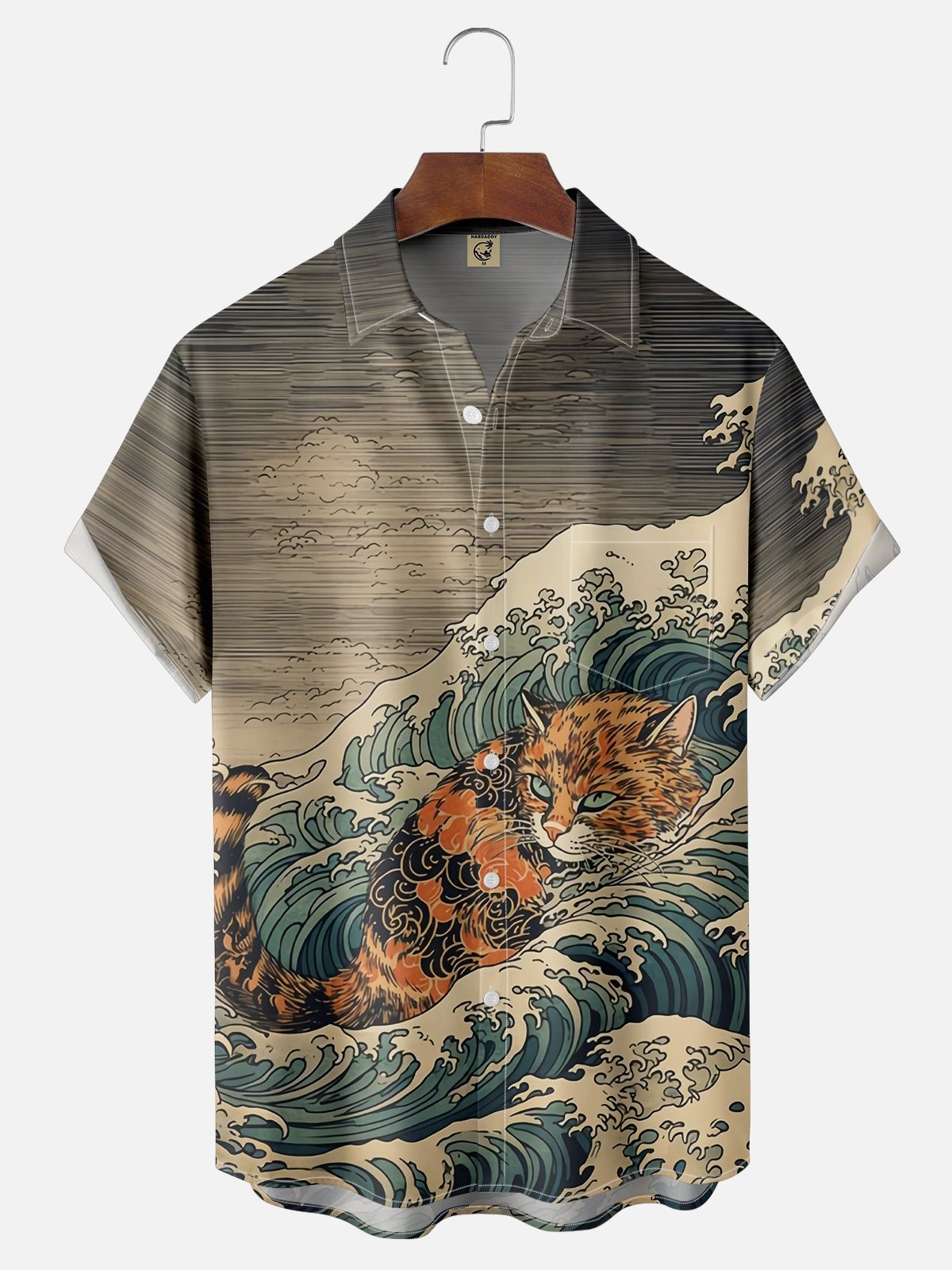 Moisture Wicking Ukiyo-e Surf Cat Chest Pocket Hawaiian Shirt