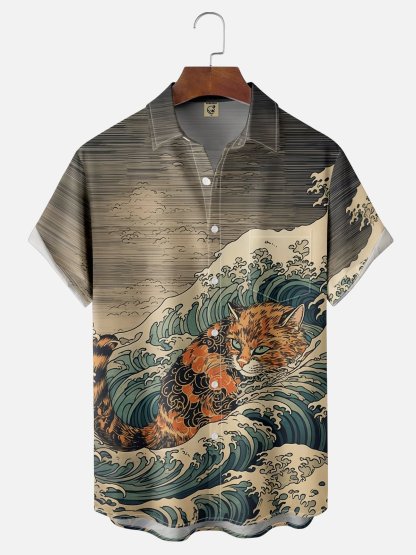 Moisture Wicking Ukiyo-e Surf Cat Chest Pocket Hawaiian Shirt