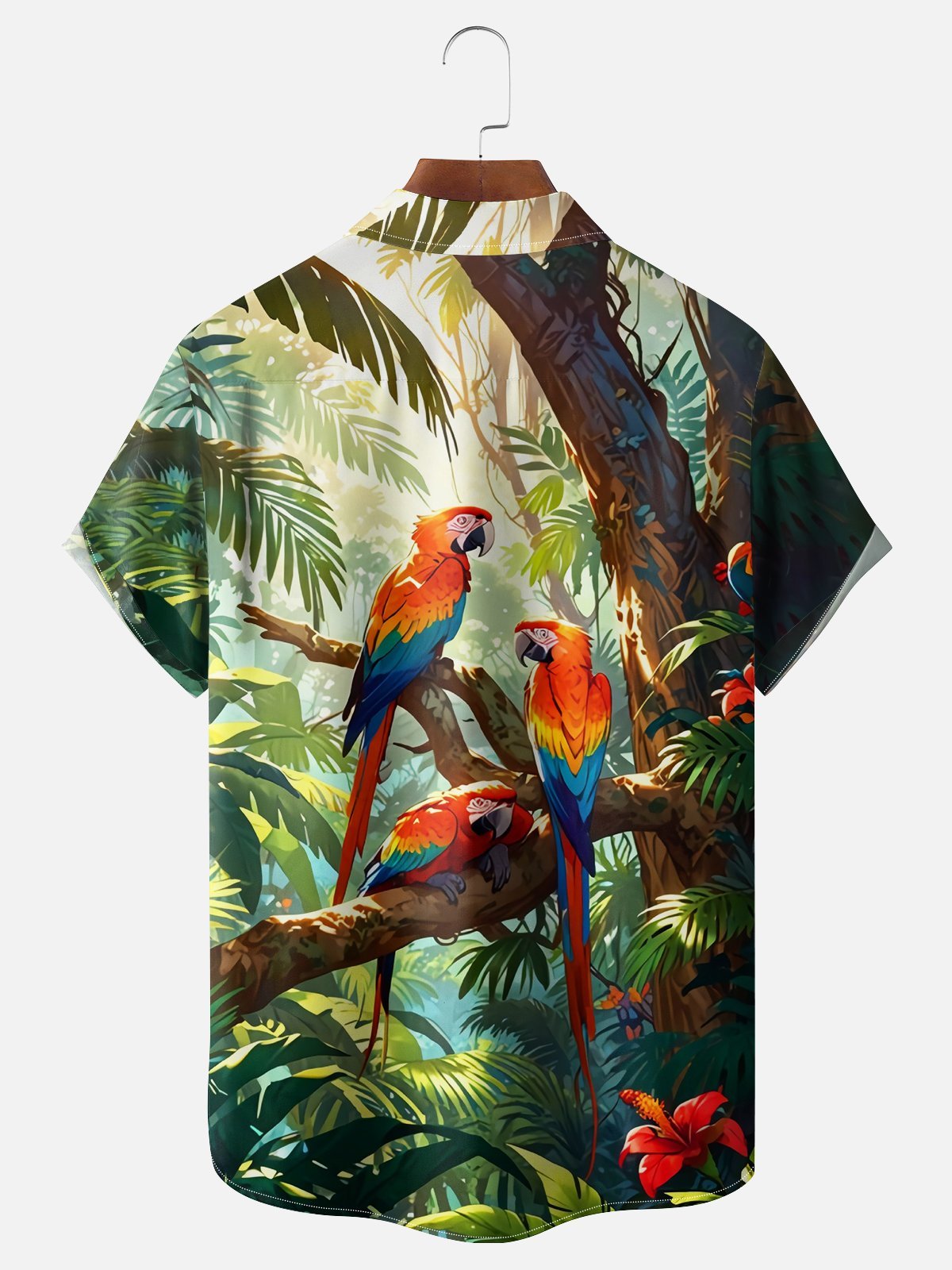 Moisture-wicking Tropical Palm Parrots Chest Pocket Hawaiian Shirt