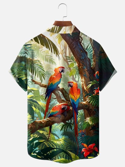 Moisture-wicking Tropical Palm Parrots Chest Pocket Hawaiian Shirt
