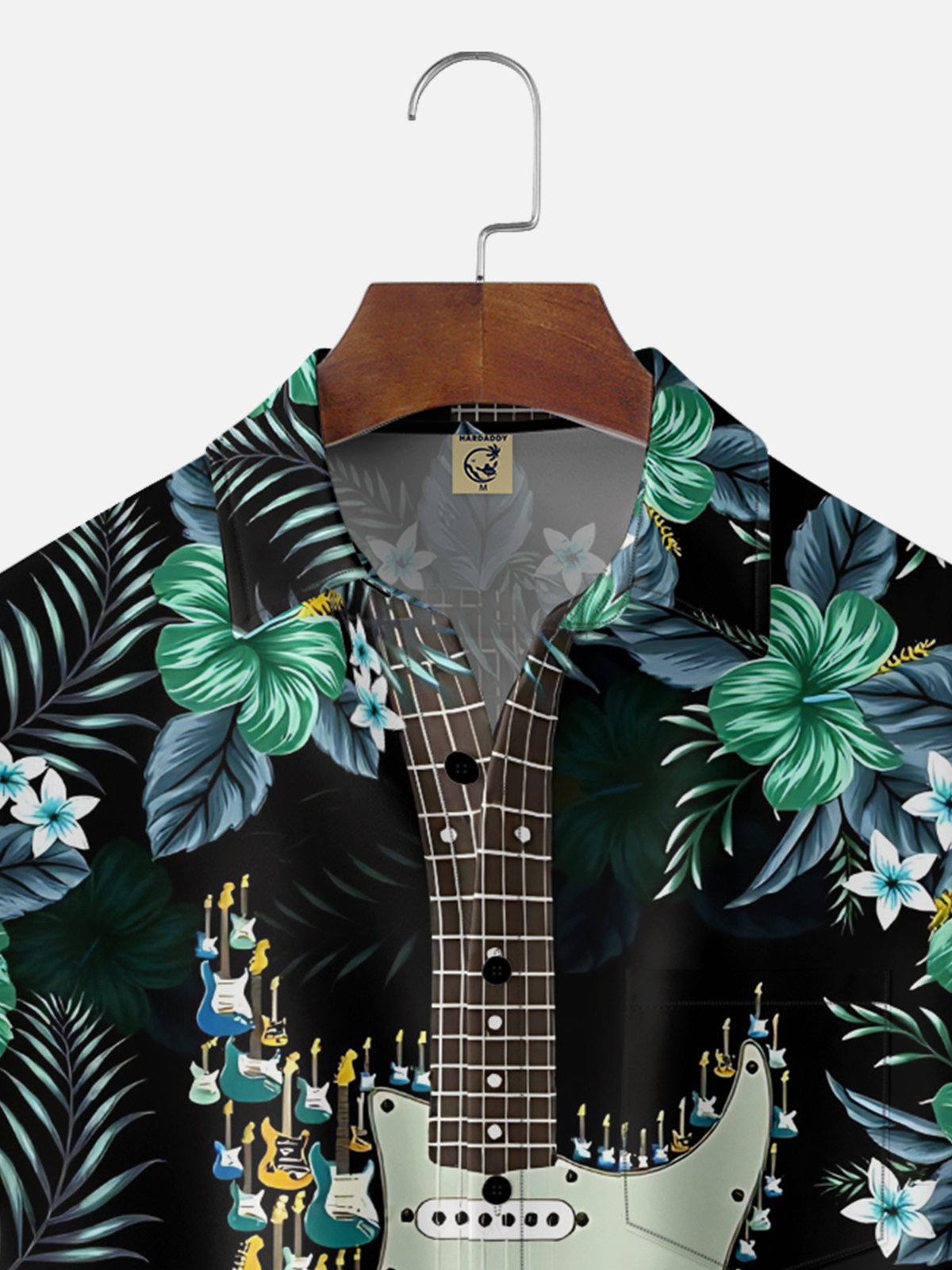 Moisture-Wicking Tropical Floral & Guitar Print Chest Pocket  Hawaiian Shirt
