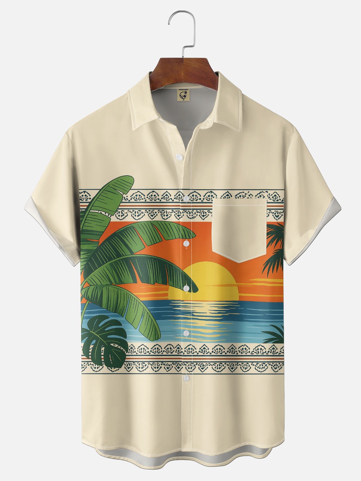 Moisture-Wicking Tropical Plants Palm Leaves And Geometric Pattern  Chest Pocket Hawaiian Shirt