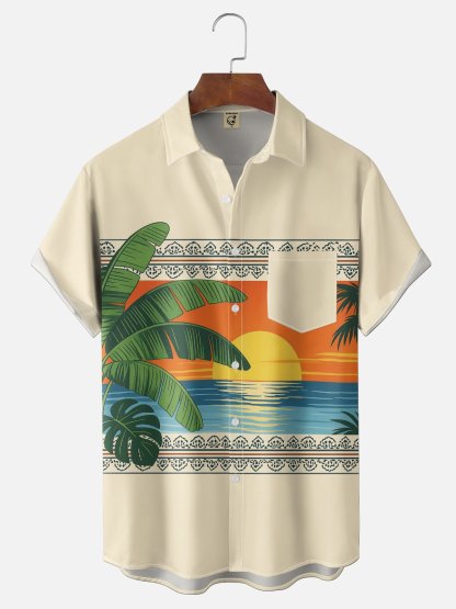Moisture-Wicking Tropical Plants Palm Leaves And Geometric Pattern  Chest Pocket Hawaiian Shirt