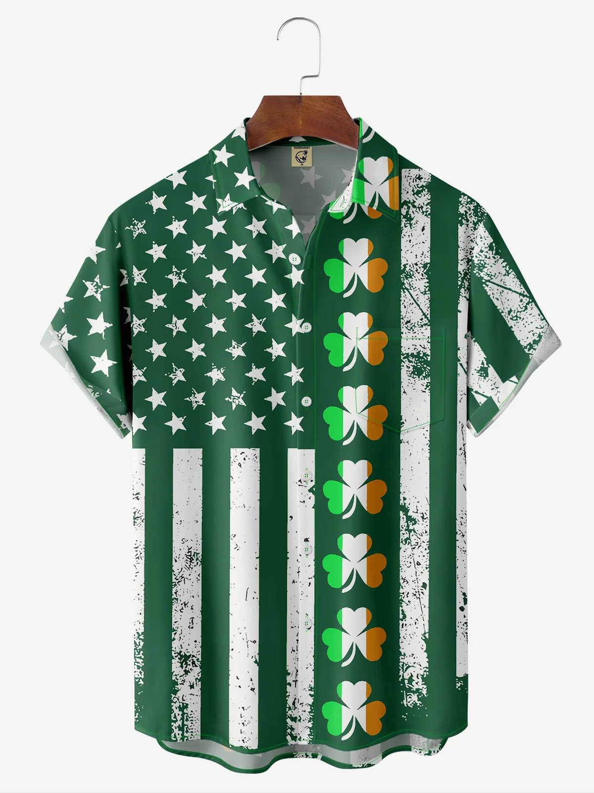 Hawaiian Button Up Shirt for Men Green St. Patrick's Day Lucky Clover American Flag Sharmark Regular Fit Short Sleeve Shirt St Paddy's Day Shirt