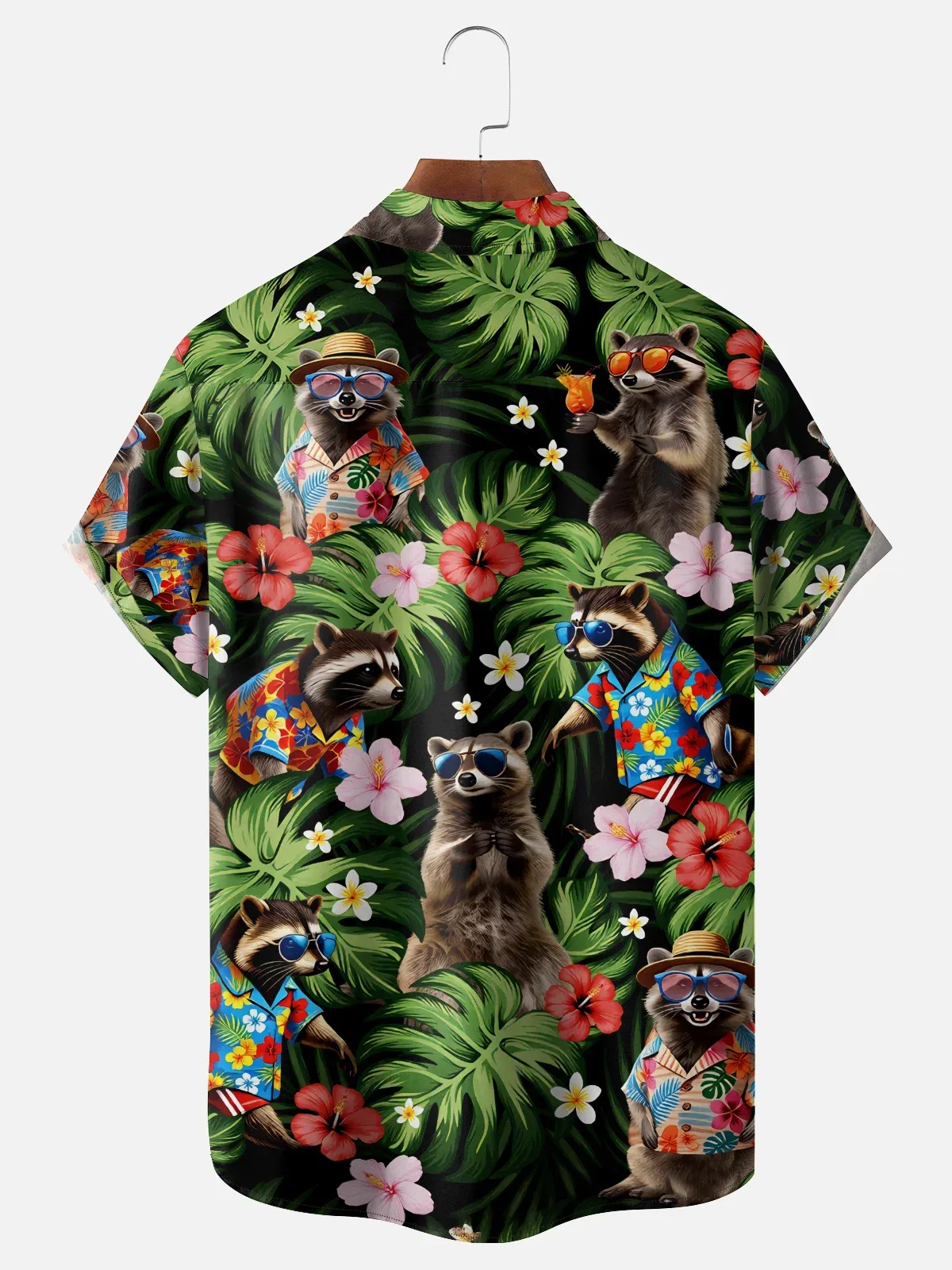 Moisture Wicking Leaf Floral and Raccoon Chest Pocket Holiday Hawaiian Shirt