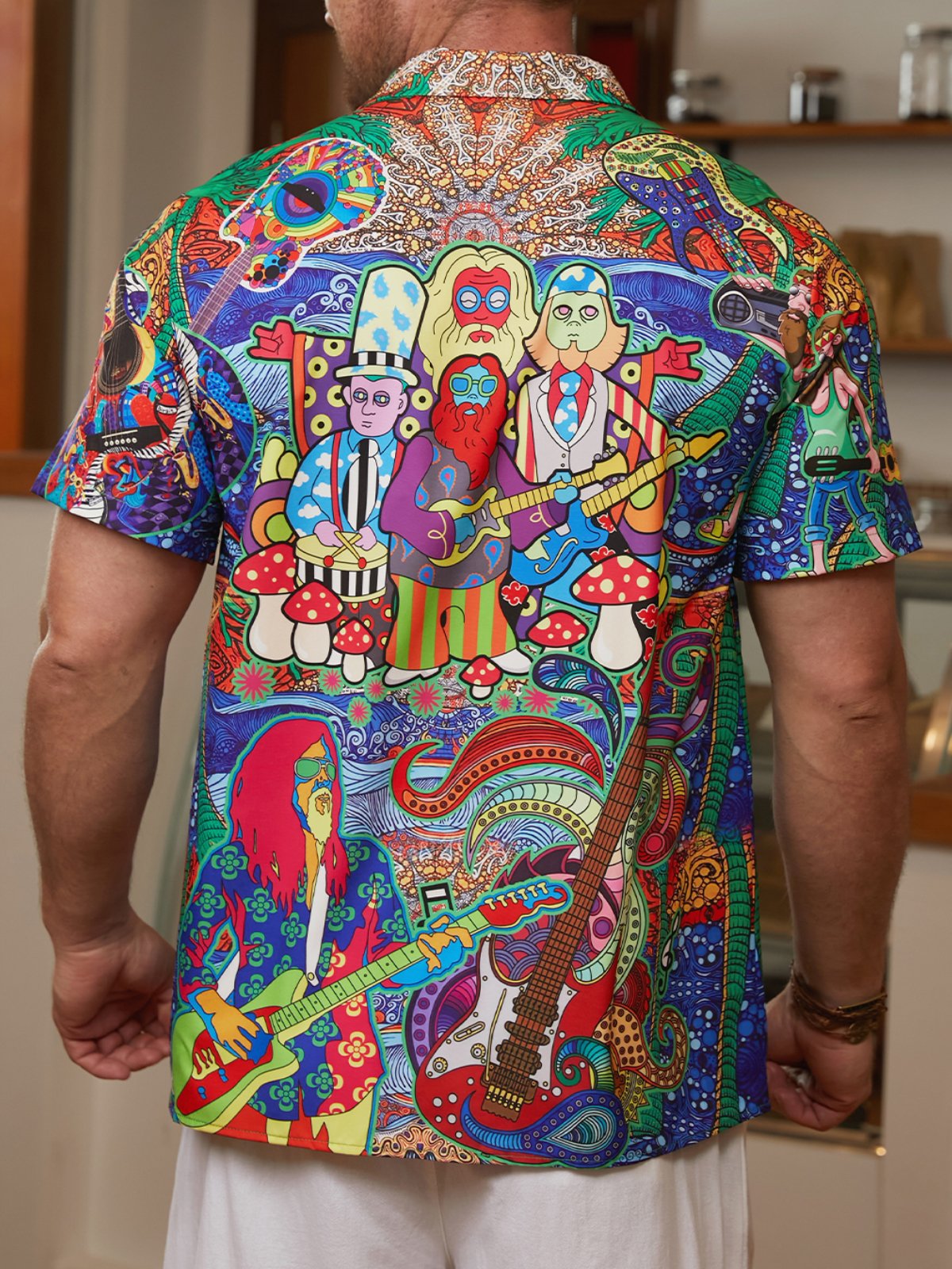 Hardaddy Hawaiian Hippie Retro Music Elements Men's Casual Short-sleeved Shirt