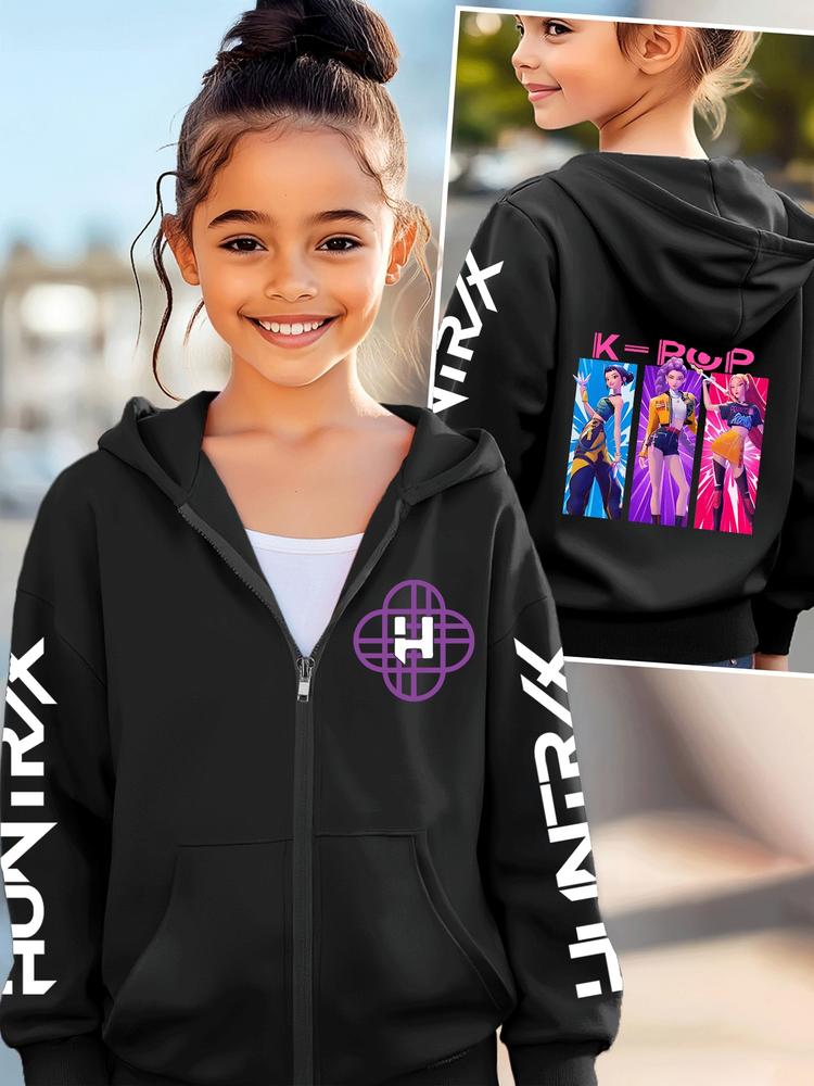 Girls K-Pop Demon Hunters Korean Series Cartoon Print Jacket, Comfortable Fashion Casual Outerwear, Fall & Winter Zip Hoodie, Graphic Casual Hoodie