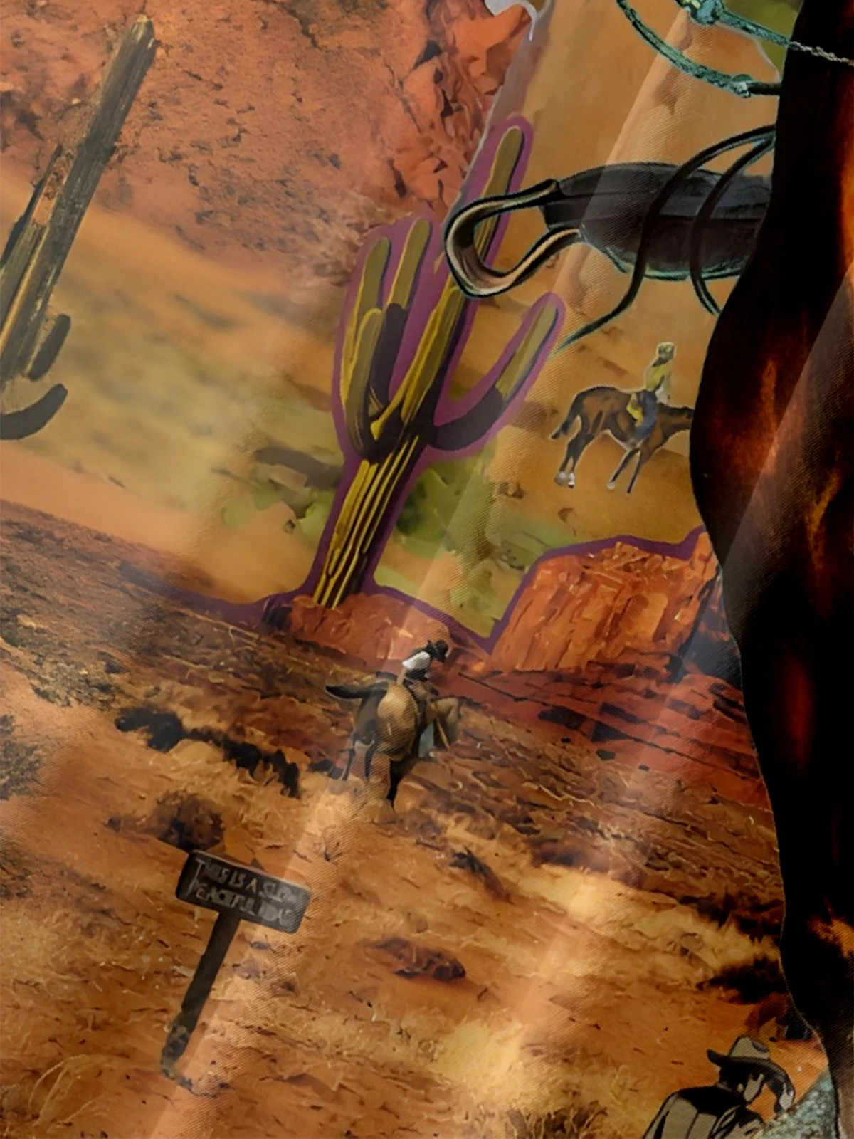 Moisture-Wicking Art Painting Horseback Riding Cowboy Hat Cactus Chest Pocket Hawaiian Shirt