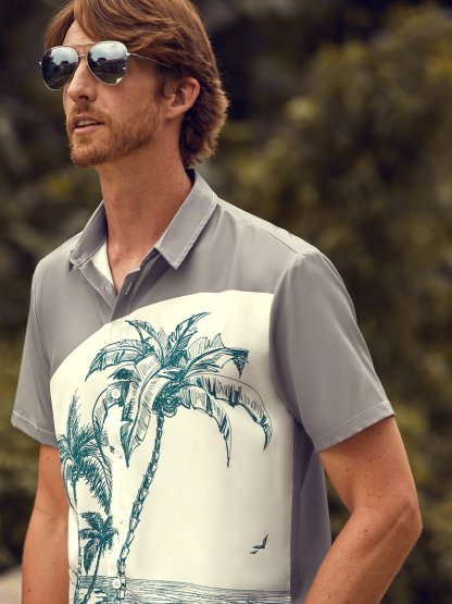 Mens Coconut Print Lapel Loose Short Sleeve Trendy Hawaiian Shirt