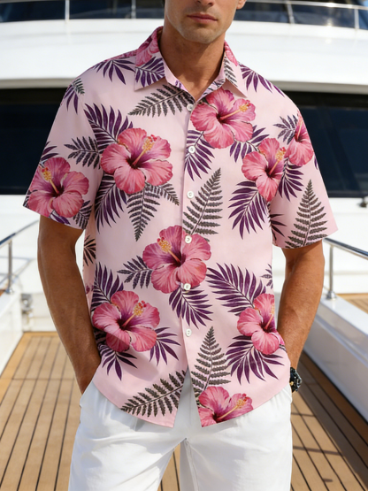 Linen-Texture Botanical Floral Chest Pocket Holiday Hawaiian Shirt