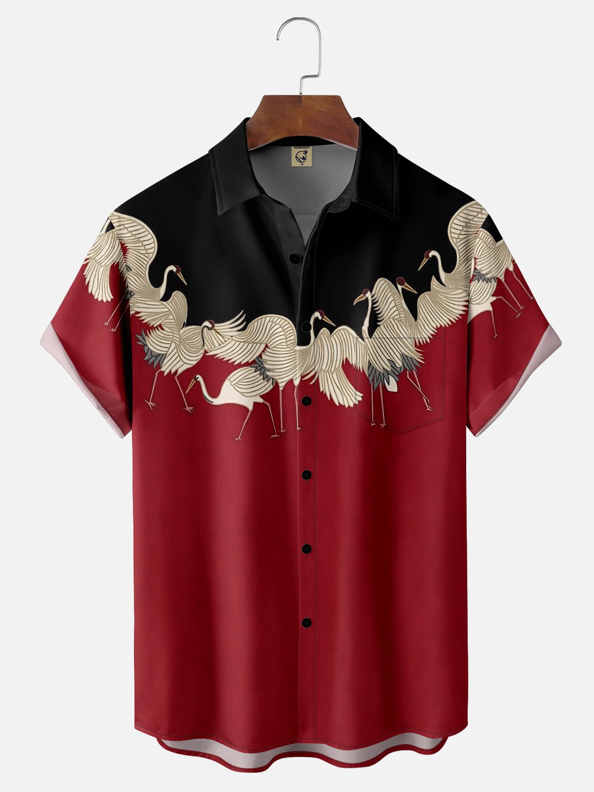 Moisture Wicking Ukiyo-e Crane Chest Pocket Hawaiian Shirt