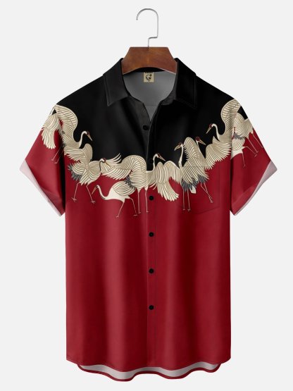 Moisture Wicking Ukiyo-e Crane Chest Pocket Hawaiian Shirt