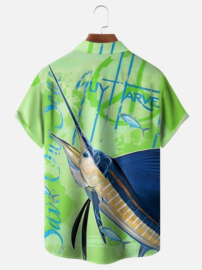 Moisture-wicking Swordfish Ocean Chest Pocket Hawaiian Shirt
