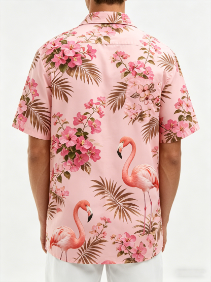 Linen Texture  Botanical Floral Flamingo Print with Chest Pocket Holiday Hawaiian Shirt