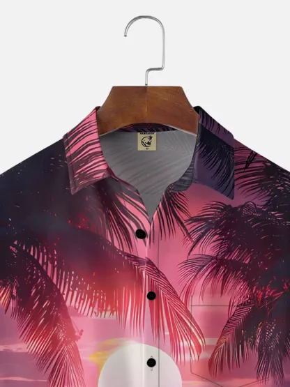 Moisture-wicking Coconut Tree Beach Chest Pocket Hawaiian Shirt