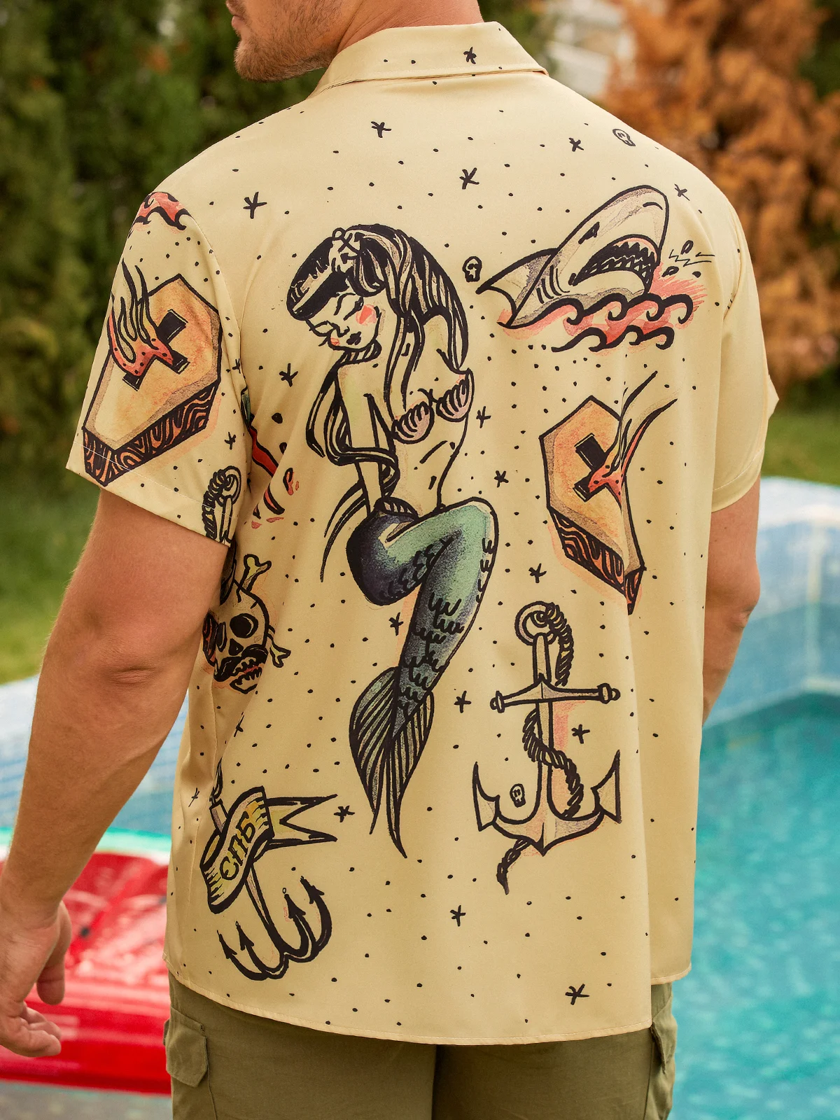 Men's Hawaiian Mermaid Ocean Element Retro Print Casual Breathable Short Sleeve Vintage Tattoo Hawaiian Shirt