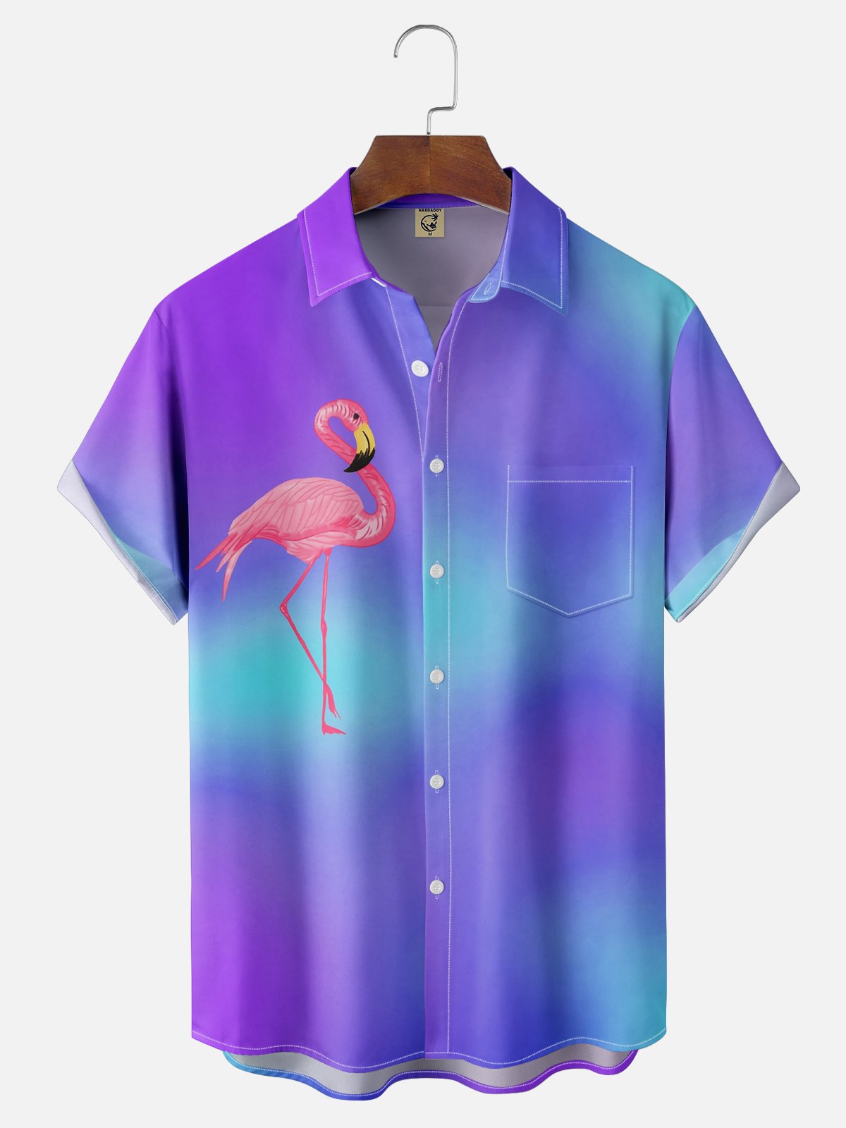 Flamingo Gradient Color Chest Pocket Short Sleeve Hawaiian Shirt