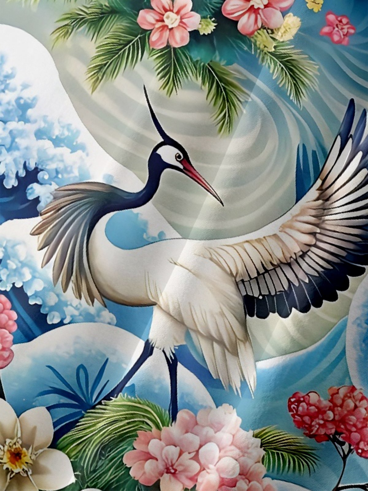 Moisture Wicking Botanical Ukiyo-e Crane Chest Pocket Hawaiian Shirt