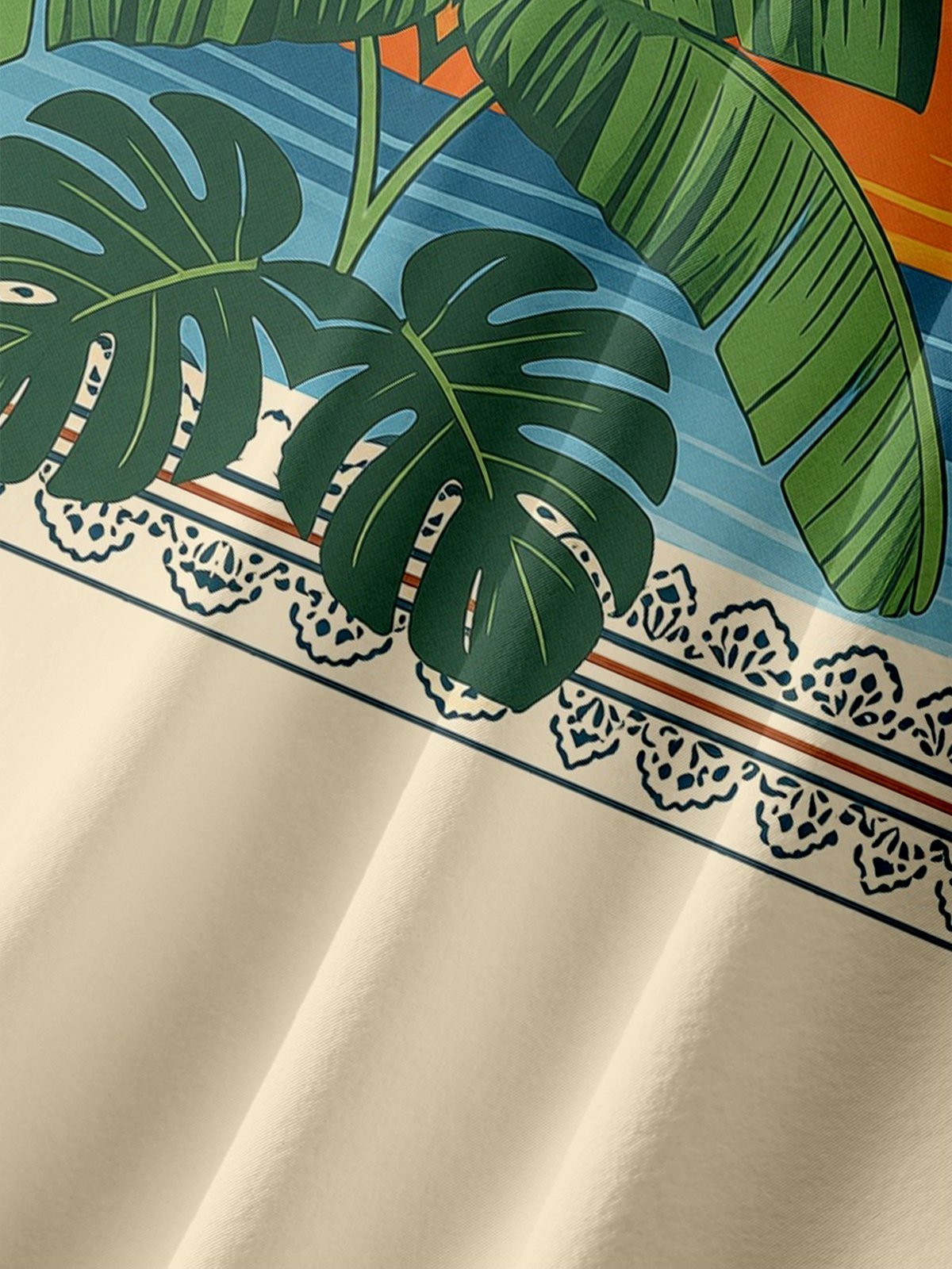 Moisture-Wicking Tropical Plants Palm Leaves And Geometric Pattern  Chest Pocket Hawaiian Shirt