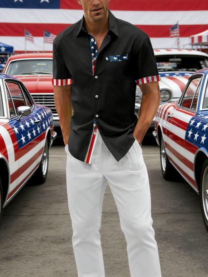 Moisture Wicking Solid Color Patchwork American Flag 250th Anniversary Chest Pocke Holiday Hawaiian Shirt