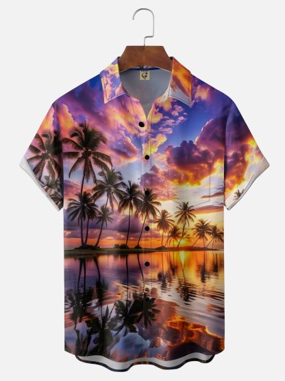 Moisture-wicking Coconut Trees Beach Chest Pocket Hawaiian Shirt