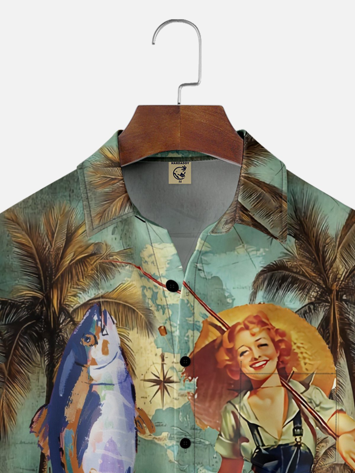Moisture Wicking Coconut Tree Vintage Fishing Beauty Map Chest Pocket Hawaiian Shirt