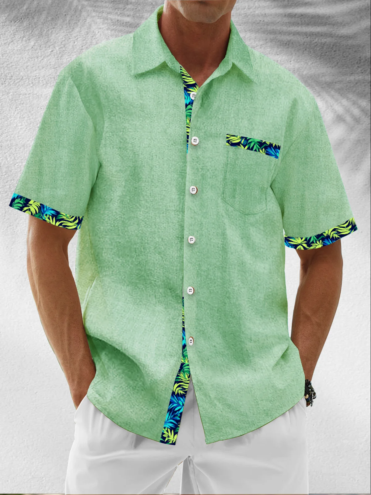 Linen Texture Plant Based Solid Color Patchwork Chest Pocket Holiday Hawaiian Shirt