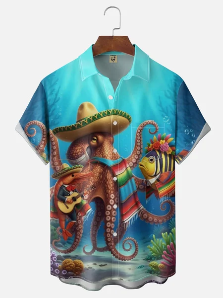 Moisture Wicking May 5th Festival Ocean Octopus Chest Pocke Holiday Hawaiian Shirt