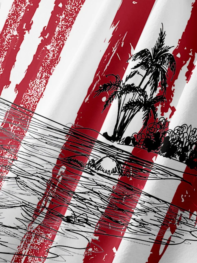 Tall Size Moisture-wicking Palm Tree American Flag Chest Pocket Hawaiian Shirt