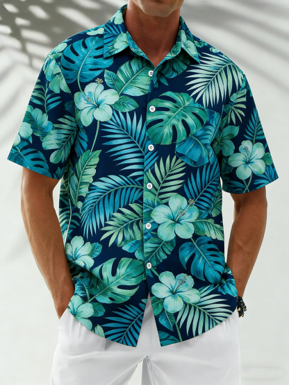 Moisture Wicking Floral Chest Pocke Holiday Hawaiian Shirt