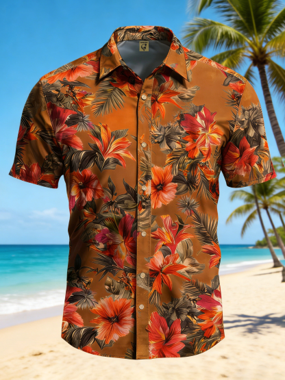 Moisture-wicking Tropical Floral Chest Pocket Hawaiian Shirt