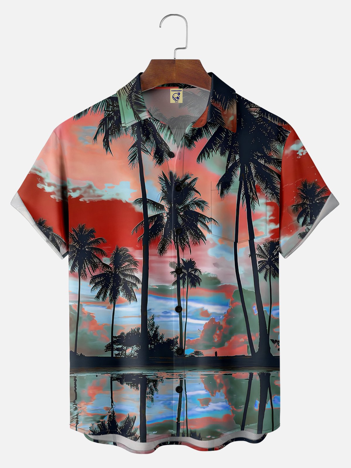 Big Size Moisture-wicking Beach Sunset Coconut Tree Chest Pocket Hawaiian Shirt