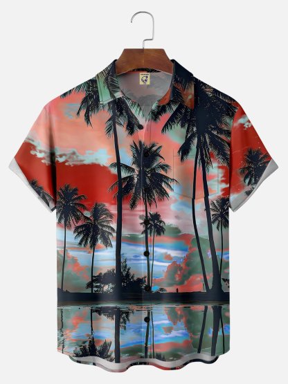 Big Size Moisture-wicking Beach Sunset Coconut Tree Chest Pocket Hawaiian Shirt