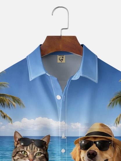 Moisture-wicking Cat Dog Beach Coconut Tree Chest Pocket Hawaiian Shirt