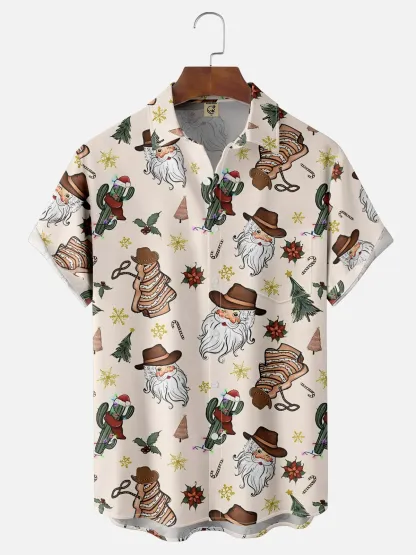 Moisture-Wicking Christmas Santa Claus Cowboy Hat Cactus Chest Pocket Hawaiian Shirt