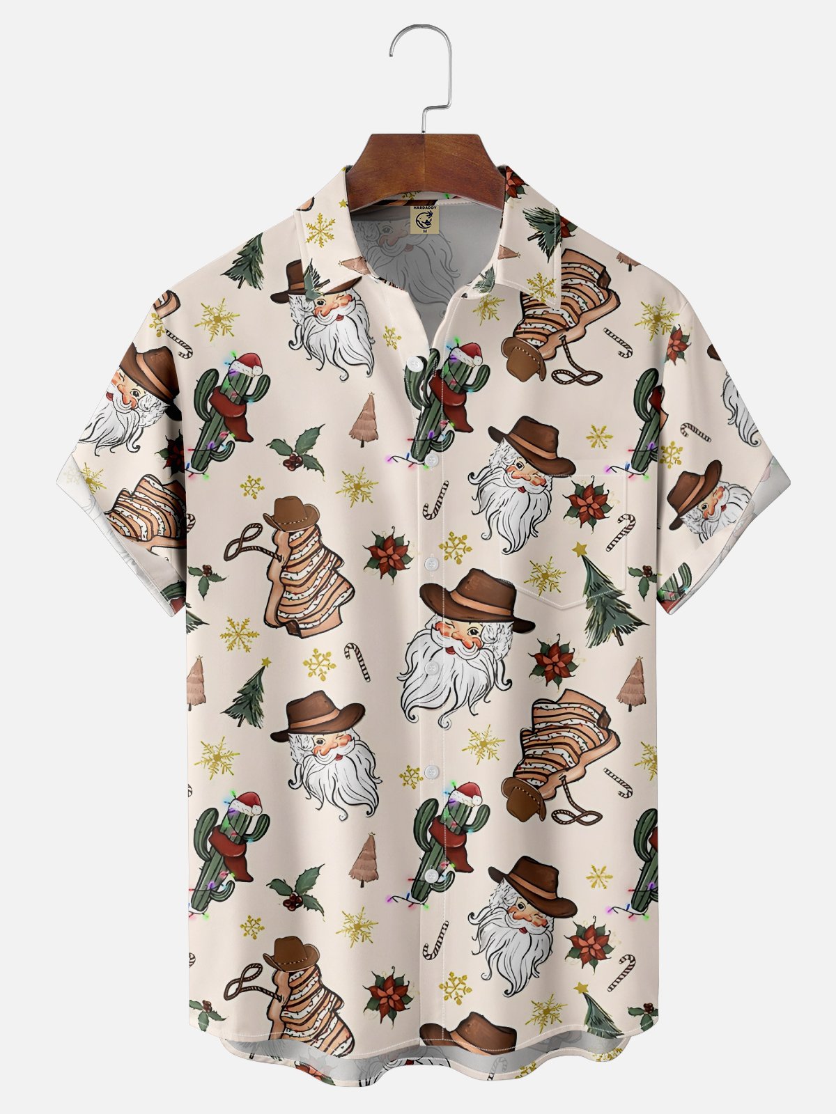 Moisture-Wicking Christmas Santa Claus Cowboy Hat Cactus Chest Pocket Hawaiian Shirt