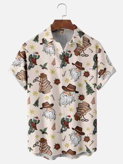 Moisture-Wicking Christmas Santa Claus Cowboy Hat Cactus Chest Pocket Hawaiian Shirt