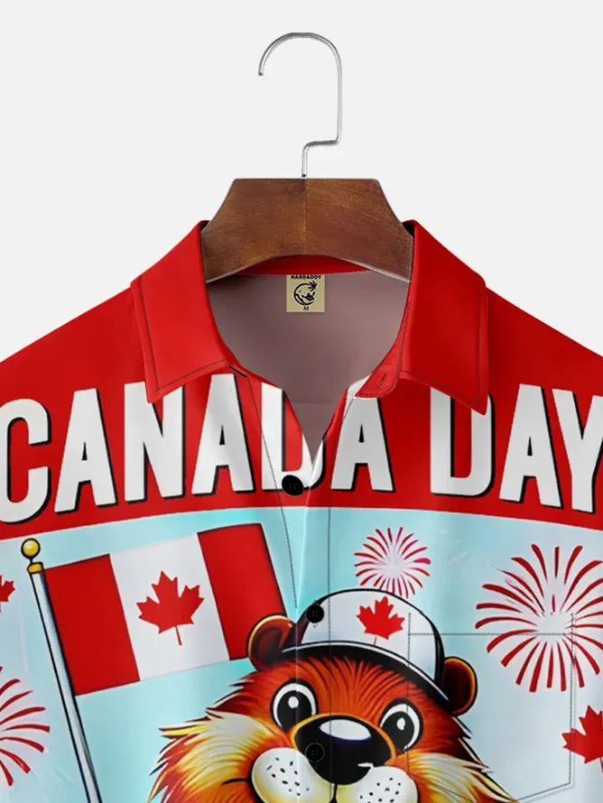 Tall Size Moisture-wicking Canada Day American Beaver Maple Leaf Chest Pocket Hawaiian Shirt