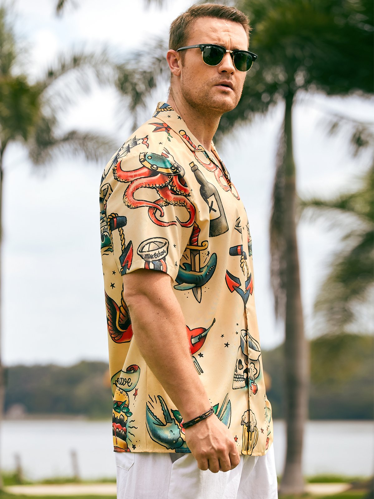 Mens Hawaiian Sailing Print Camp Collar Loose Short Sleeve Funky Tattoo Hawaiian Shirt