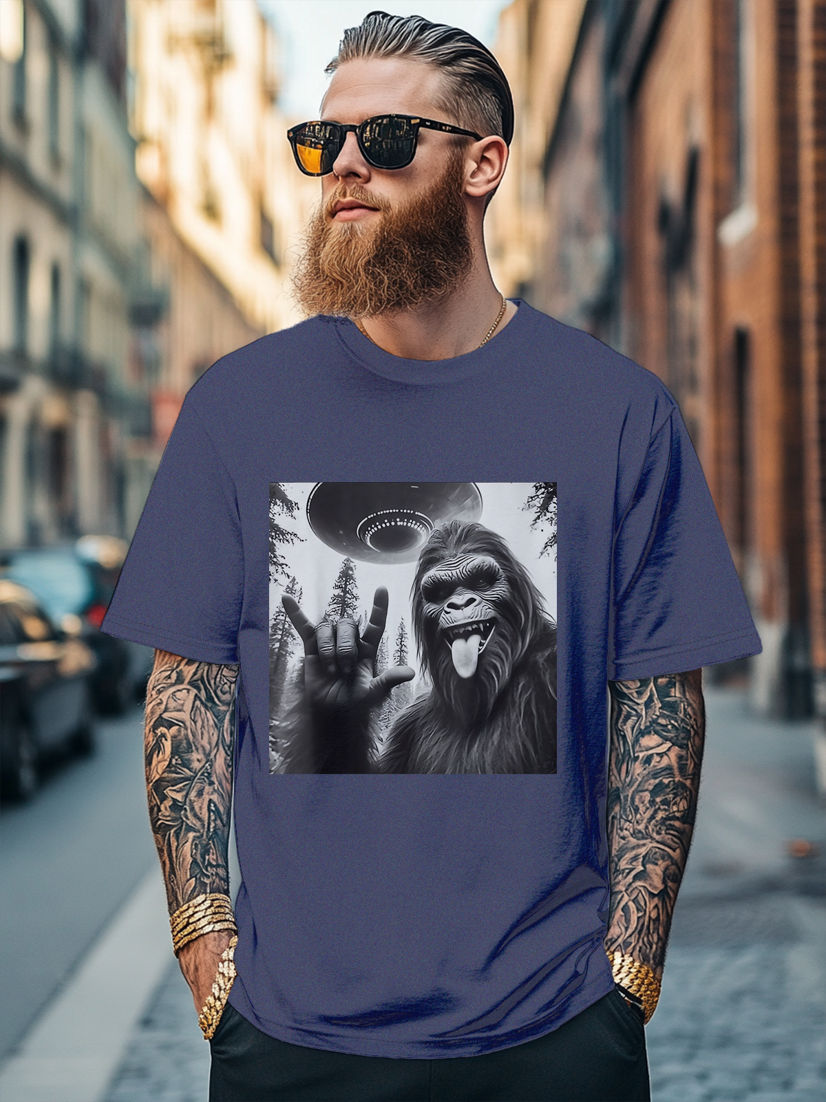 Men's Bigfoot UFO Selfie Fun Fitted T-shirts